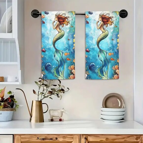 SET of 2 - Super Soft Kitchen Towels - Deep Sea Mermaid Pattern - Beach Decor - Picture 2 of 6